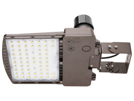 Dimmable LED Area Fixture With Yoke/Trunnion Mount & Photocell, Type III, Wattage Selectable & Color Selectable