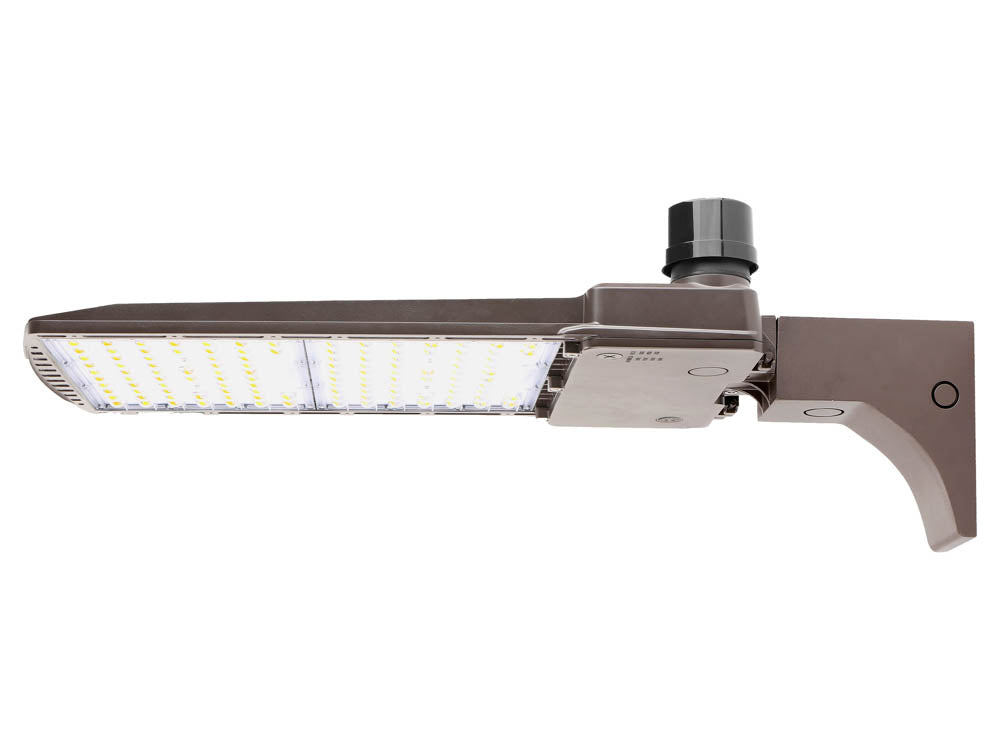 Dimmable LED Area Fixture With Arm Mount and Photocell, Type III, Wattage & Color Selectable